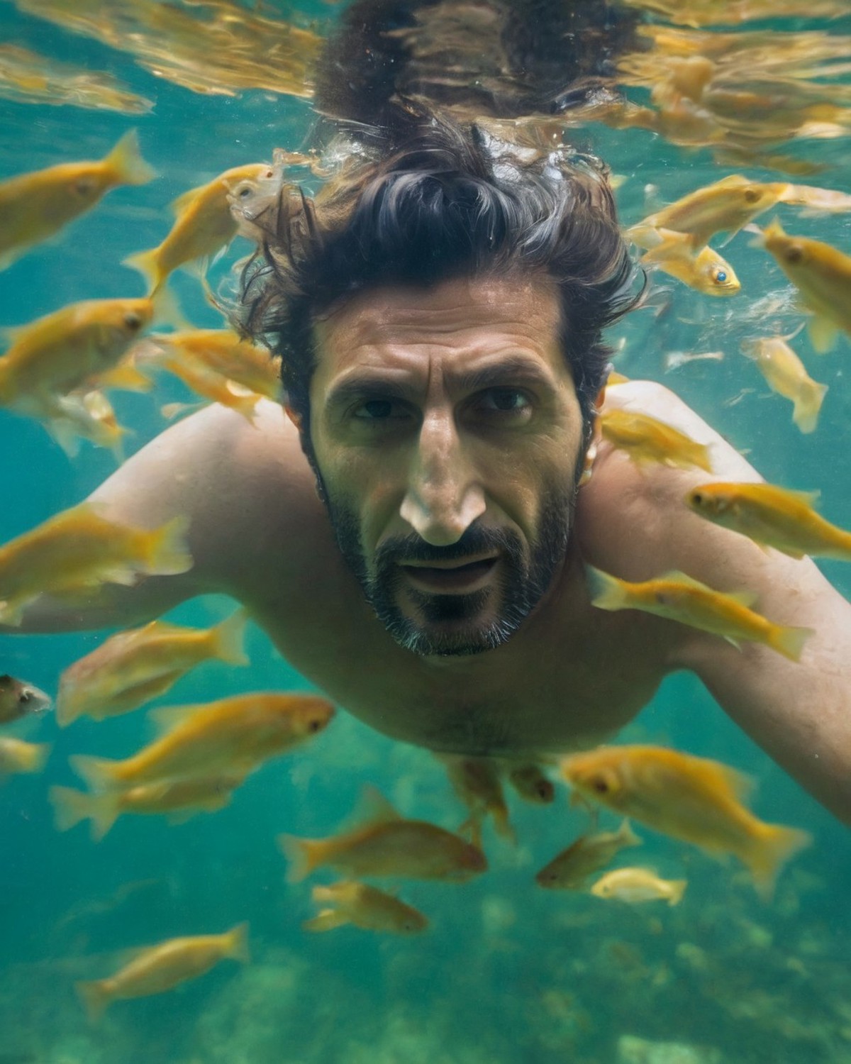 <lora:Fares_Fares:0.8>, portrait front view face handsome (Fares Fares:1.3) age 40 underwater with small shiny bright fish...